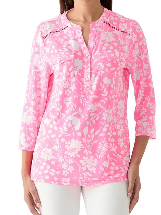 Kim Rogers Tops - Kim Rogers Women's Pink Floral Split-Neck 3/4 Sleeve Top NWT XL